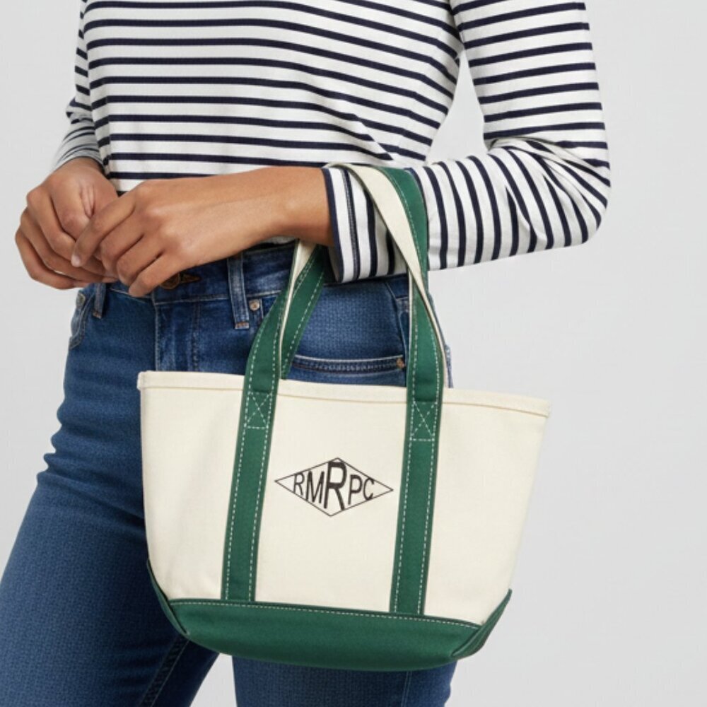 LL Bean Boat & Tote Small Forest Green Canvas Bag | Vintage Preppy Embroidered